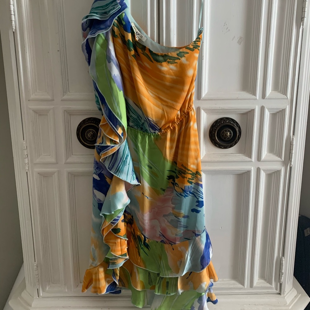 One shoulder ruffle watercolor cocktail dress